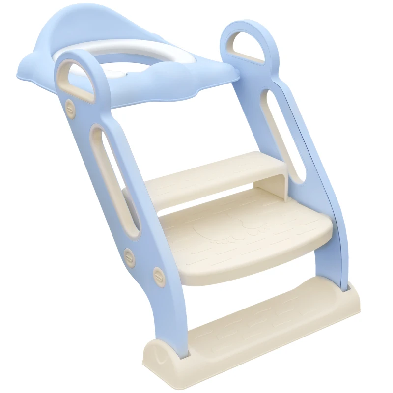 Qaba Potty Training Toilet Seat with Step Stool Ladder, Children Toilet Training Seat Chair with Soft Cushion, Handles, Non-Slip Wide Steps, Splash Guard, for Boys and Girls, Blue