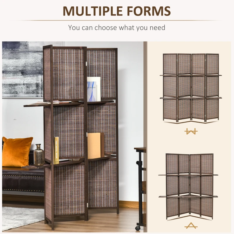 HOMCOM 4 Panel Room Divider, 6ft Tall Bamboo Folding Screen with 2 Storage Shelves for Bedroom, Office, Brown