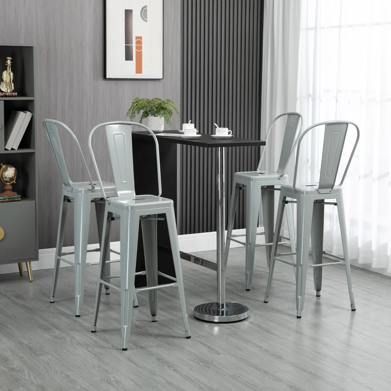 HOMCOM Set of 4 Bar Stools Kitchen Industrial Breakfast Bistro Cafe Metal Frame Silver Grey
