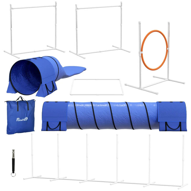 PawHut 7 Pcs Dog Agility Kit w/ Tunnels, Weave Poles, Adjustable Hurdles, Jump Ring, Pause Box, Whistle, Carry Bag, Blue