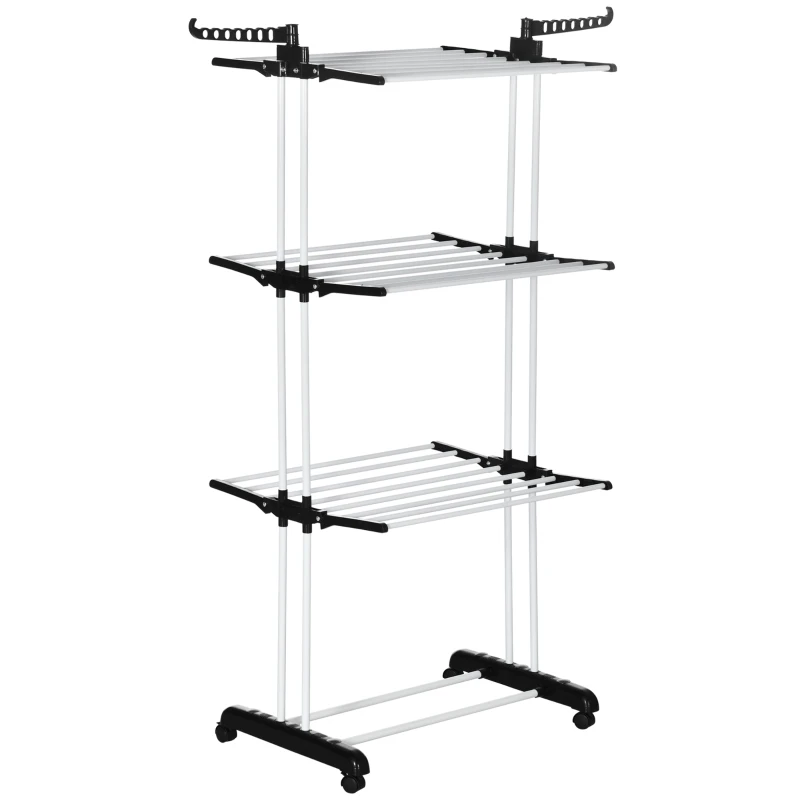 HOMCOM Foldable Clothes Drying Rack, 4-Tier Steel Laundry Rack for Drying Clothes with 2 Side Wings and 4 Castors, Indoor and Outdoor Use, Black