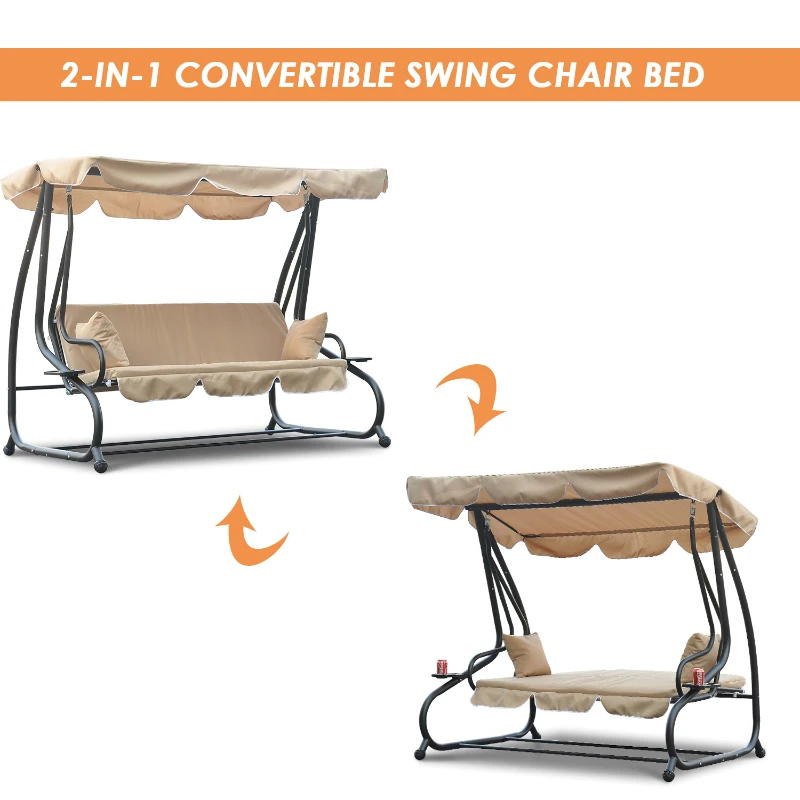 Outsunny 3-Seat Outdoor Patio Swing Chair, Converting Flat Bed, Canopy Swing with Adjustable Shade, Removable Cushions, Cup Holder, Light Brown