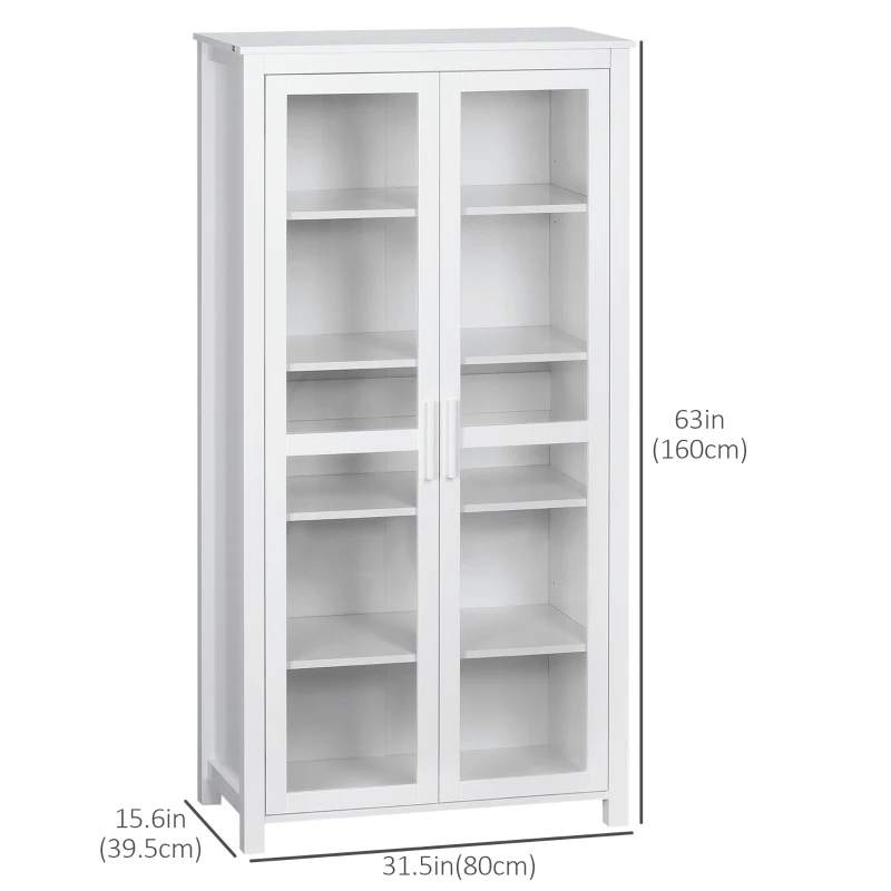 HOMCOM Freestanding Kitchen Pantry, Buffet Cabinet, 5-tier Storage Cabinet with Adjustable Shelves and 2 Glass Doors, White
