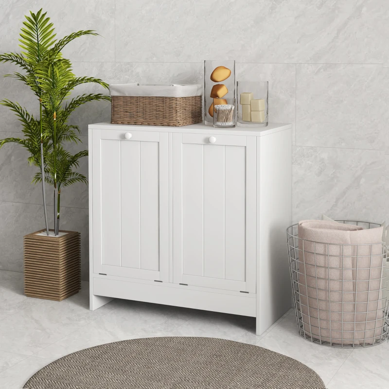 kleankin Tilt-Out Laundry Storage Cabinet, Modern Laundry Hamper with 2 Compartments for Bathroom Washroom, White