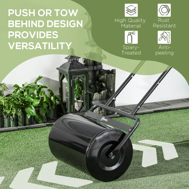 Outsunny Heavy Duty Lawn Roller, 20" Push/Tow Behind Sod Roller, Grass Flattener Filled with 11gal Water/136lbs Sand, Black