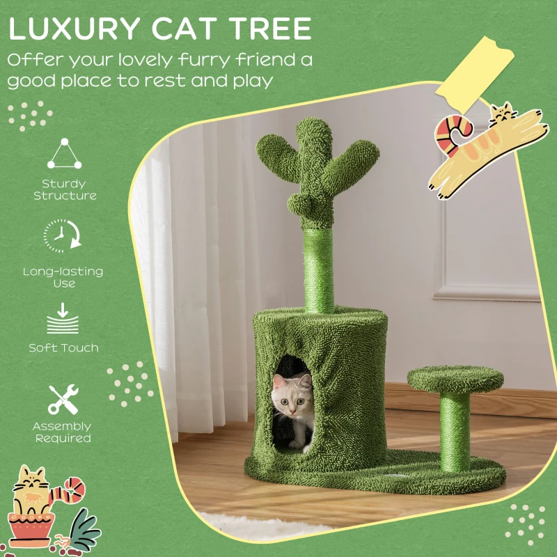 PawHut 13.75" Cat Tree Tower Cactus Shape with Scratching Post Condo Perch Dangling Ball Kitten Toy Play House Activity Center