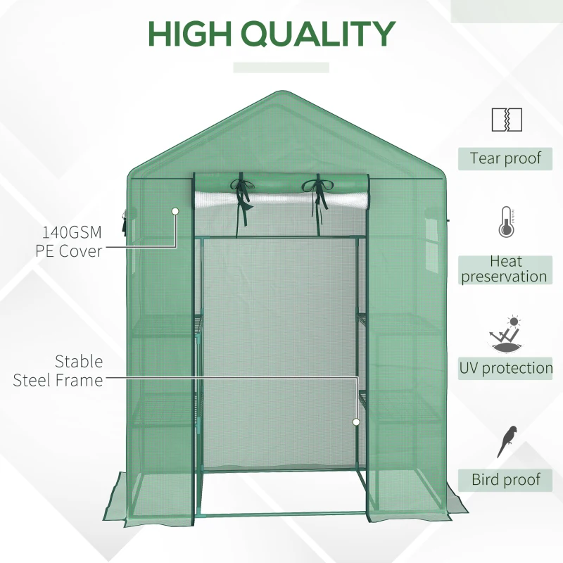 Outsunny Walk-in Mini Greenhouse with Mesh Door & Windows, Portable Garden Green House with 3 Tier Shelves, Water & UV Resistant PE Cover, Green