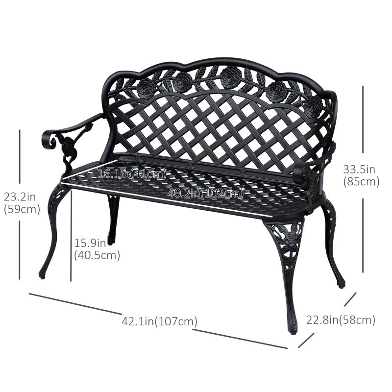 Outsunny Metal Garden Bench, 2 Seater Outdoor Patio Loveseat with Armrest and Floral Scroll Backrest, 42.1"x22.8"x33.5", Black