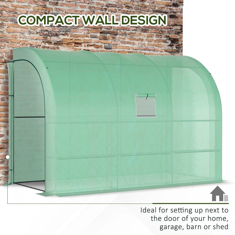 Outsunny 10' x 5' x 7' Lean to Greenhouse, Walk-In Green House, Plant Nursery with 2 Roll-up Doors and Windows, PE Cover and 3 Wire Shelves, Green(m-5)