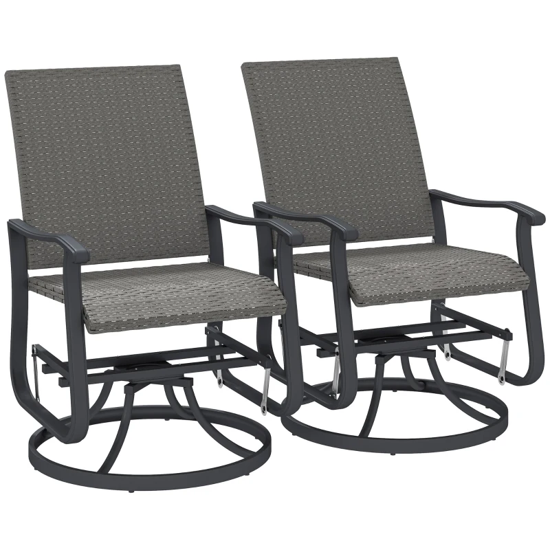 Outsunny Set of 2 Rattan Patio Glider, Wicker Outdoor Glider Swivel Chair with Steel Frame, High Back for Backyard Porch, Grey