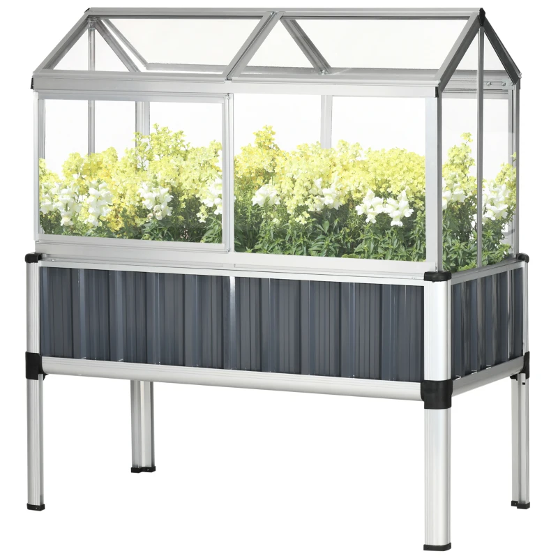 Outsunny 45"x24"x51" Raised Garden Bed with Greenhouse, Windows, Galvanized Steel Frame for Vegetables Flowers Herbs, Dark Grey