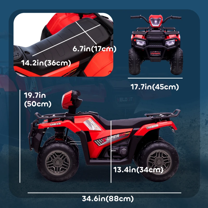 Aosom 12V Kids ATV Quad, 4 Wheeler Battery Powered Electric Vehicle with Music MP3, Headlights, High Low Speed, Treaded Tires, for Boys and Girls Ages 37-60 Months, Red