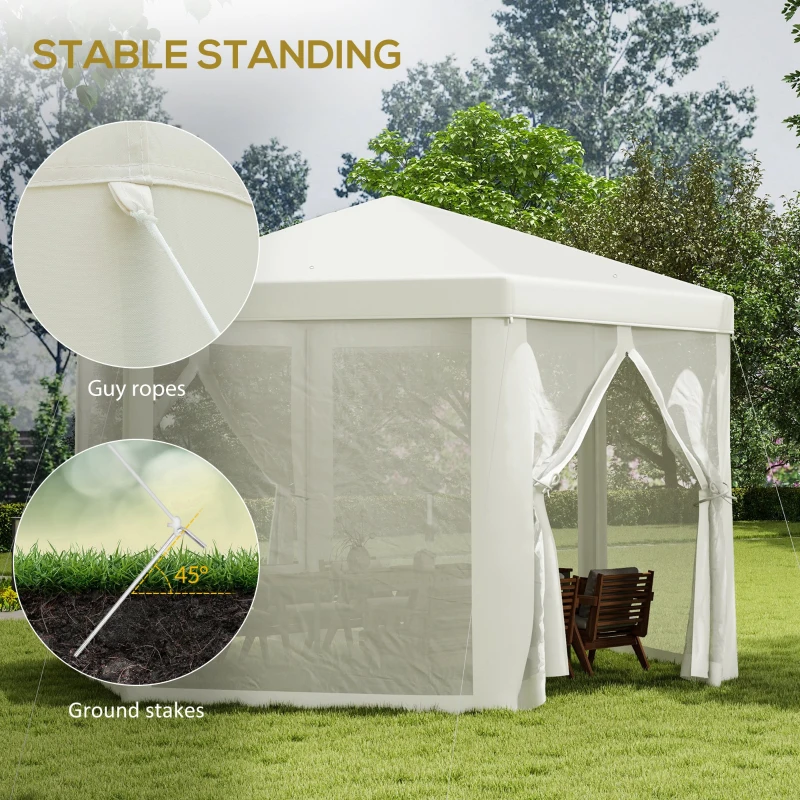 Outsunny Φ13' Hexagon Party Tent Patio Gazebo Outdoor Activity Event Canopy Quick Sun Shelter Pavilion with Netting Mesh Sidewall Cream White