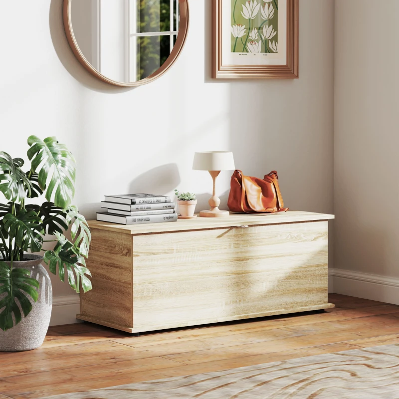 HOMCOM 39.5" Storage Chest with 2 Safety Hinges, Storage Box Organizer with Flip-Top Lid, Entryway Storage Bench, Oak