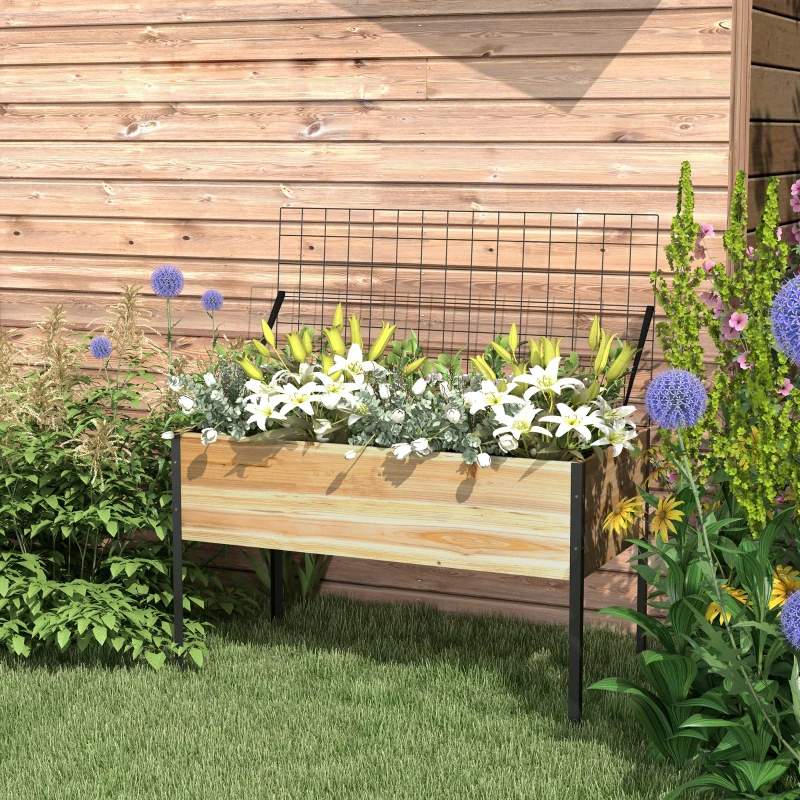 Outsunny Wooden Planter Box with Metal Legs, Raised Garden Bed with Trellis and Bed Liner, for Vegetables Flowers Herbs