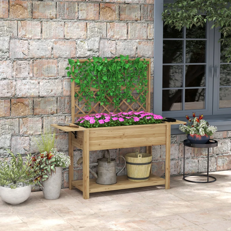Outsunny Wood Planter with Trellis for Climbing Plants, Raised Garden Bed with Foldable Shelves, 55.1" x 17.7" x 59.4", Natural