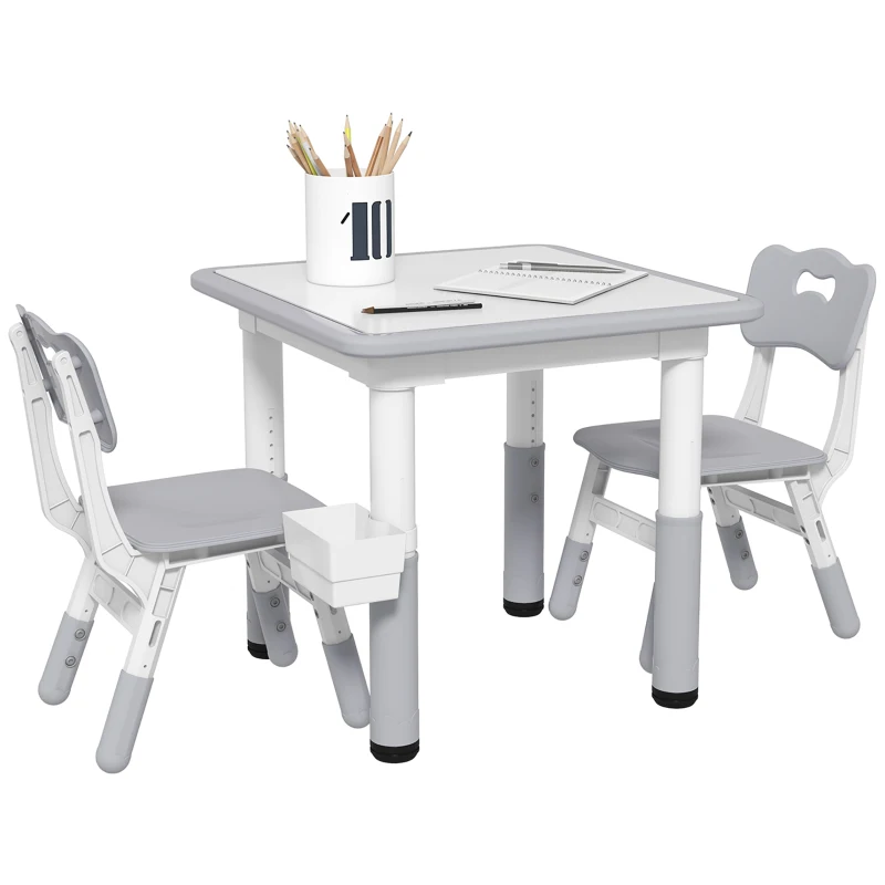 Qaba 3 Pieces Toddler Table and Chair Set, Height Adjustable Kids Table and Chair Set w/ Storage, for Playroom Grey