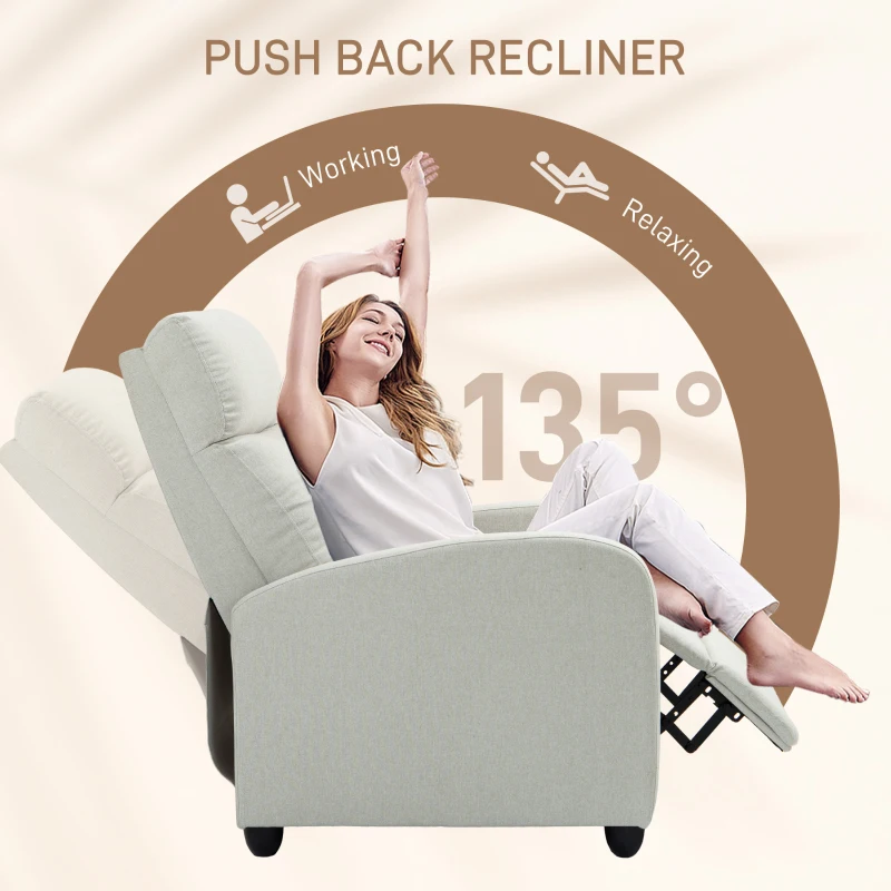 HOMCOM Manual Recliner Sofa Home Theater Seating, Single Reclining Sofa Chair with Padded Seat for Living Room, Cream White
