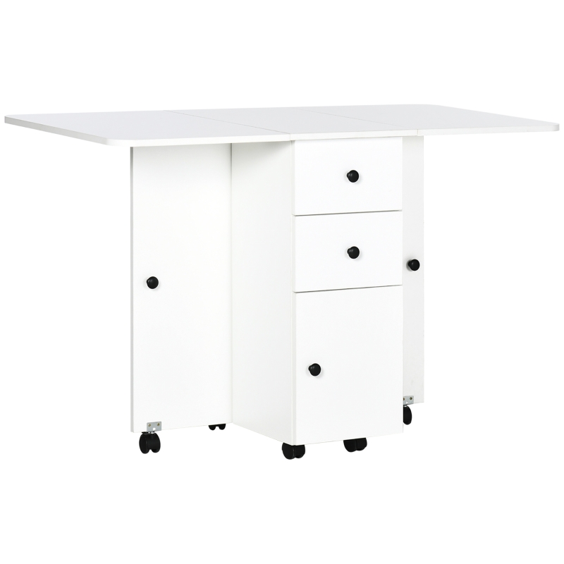 HOMCOM Foldable Dining Table, Rolling Kitchen Table with Storage Drawers and Cabinet, Drop Leaf Table on Wheels, White