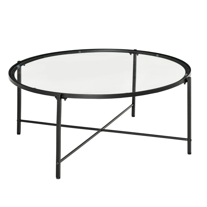 HOMCOM Modern Round Coffee Table with Tempered Glass Tabletop, Accent Side Table, Center Table for Living Room, Black