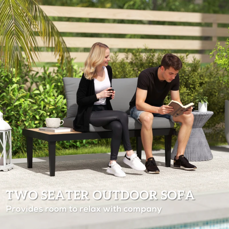 Outsunny 2 Seater Patio Sofa, Outdoor Sofa Couch with Wood Grain Side Tray and Cushions for Balcony, Backyard, Grey