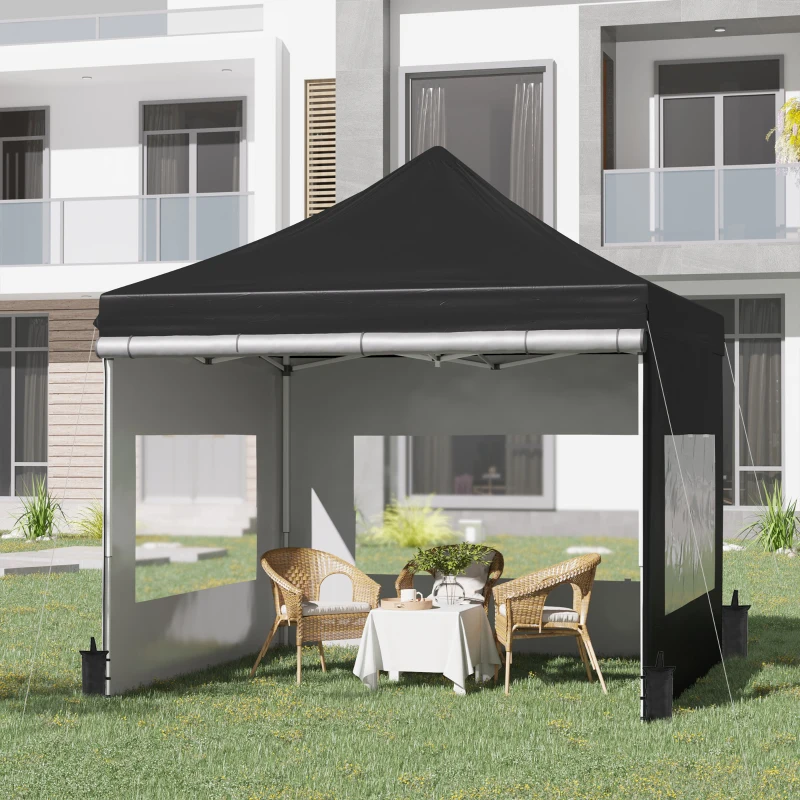 Outsunny 10' x 10' Pop Up Gazebo, Instant Canopy Tent Sun Shelter with Roll-up Sidewall, Wheeled Carry Bag and 4 Sand Bags, for Outdoor, Garden, Patio