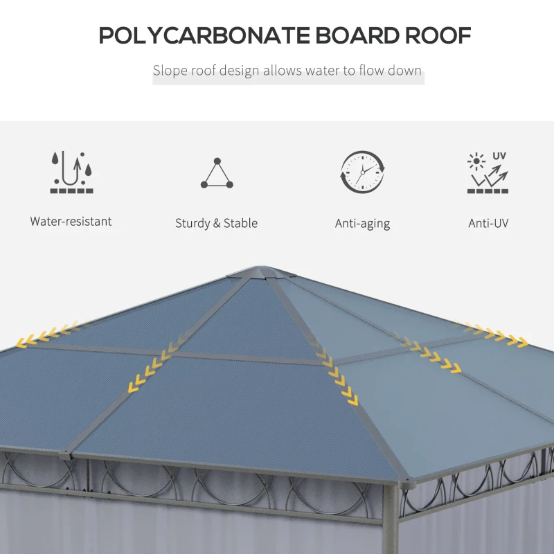 Outsunny 10' x 10' Polycarbonate Hardtop Gazebo Canopy, Outdoor Patio Gazebo with Aluminum Frame & Curtains, Dark Grey