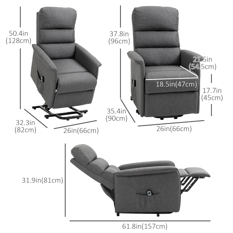HOMCOM Lift Chair for Elderly, Power Chair Recliner with Remote Control, Side Pockets for Living Room, Grey