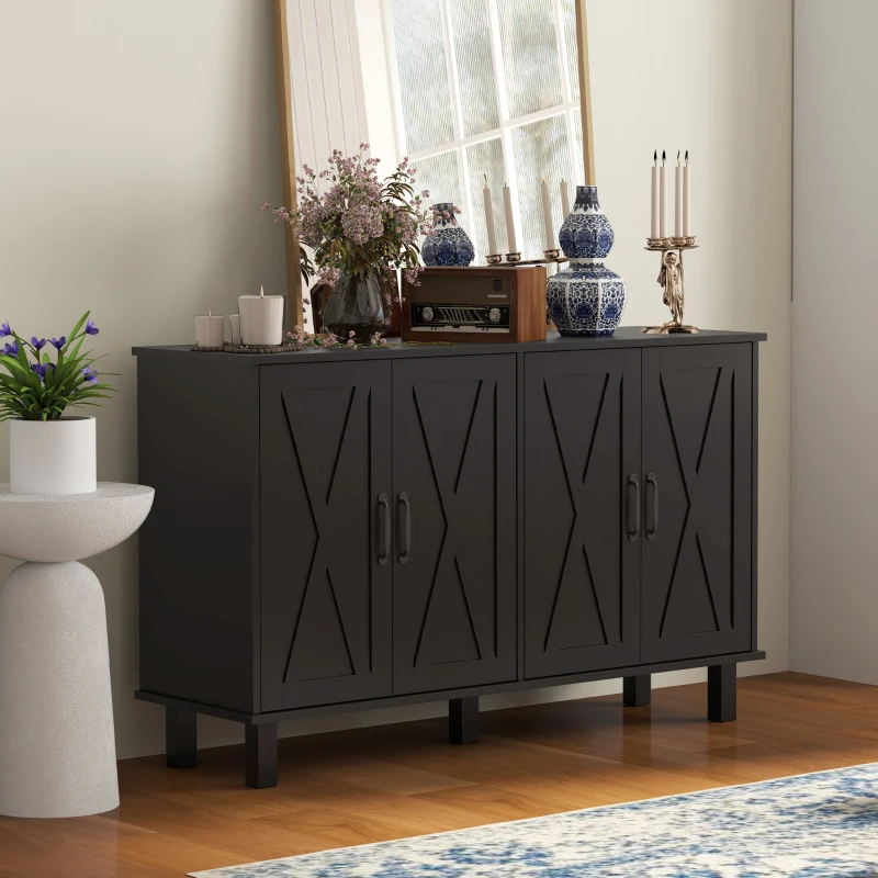 HOMCOM Kitchen Sideboard Cabinet with 4 Barn Doors and 2 Adjustable Shelves, Buffet Table for Living Room, Hallway, Black