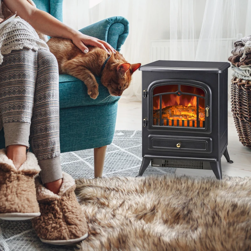 HOMCOM 16" Freestanding Electric Fireplace Heater Fire Stove with Wood Burning Flame 750/1500W Black