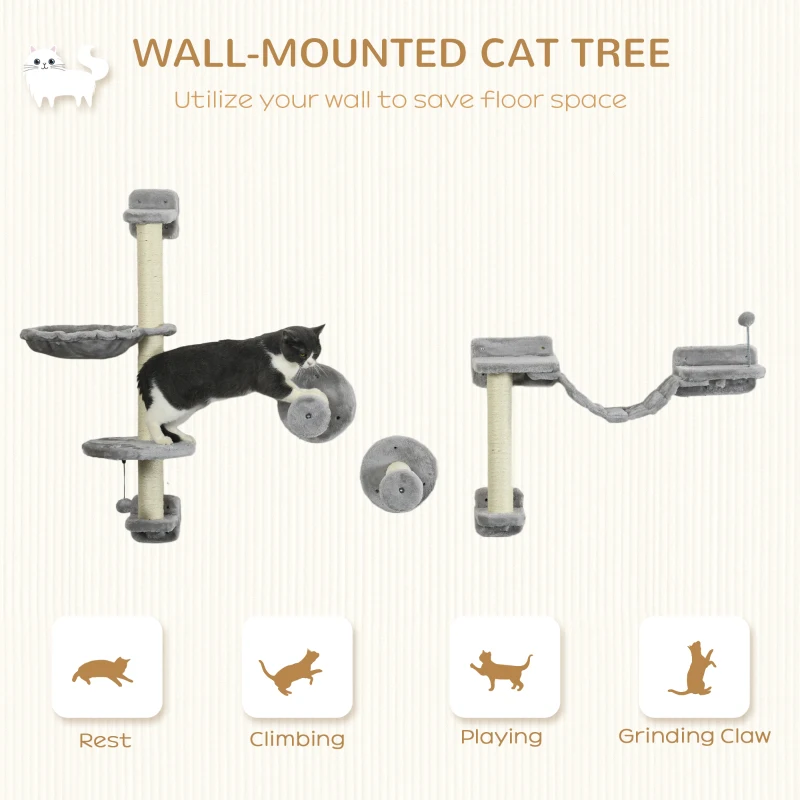 PawHut 4PCs Cat Wall Shelves with Hammock, Scratching Post, Ladder, Steps, Platforms, Toy Balls, Grey