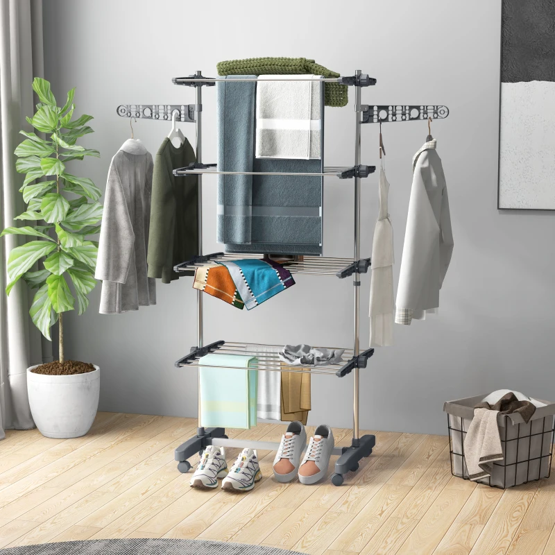 HOMCOM Garment Drying Rack Stainless Steel Folding Clothes Hanging Rack with Side Wings Castors for Indoor Outdoor Grey