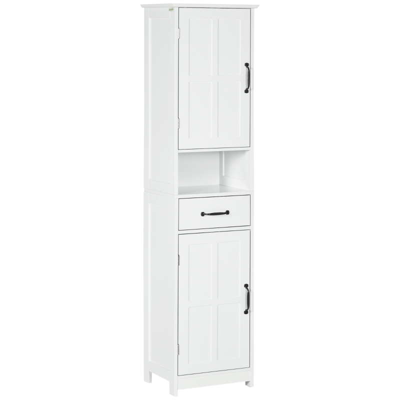 kleankin Modern Bathroom Cabinet, Narrow Bathroom Vanities with Open Shelf Drawer Recessed Doors and Adjustable Shelves White