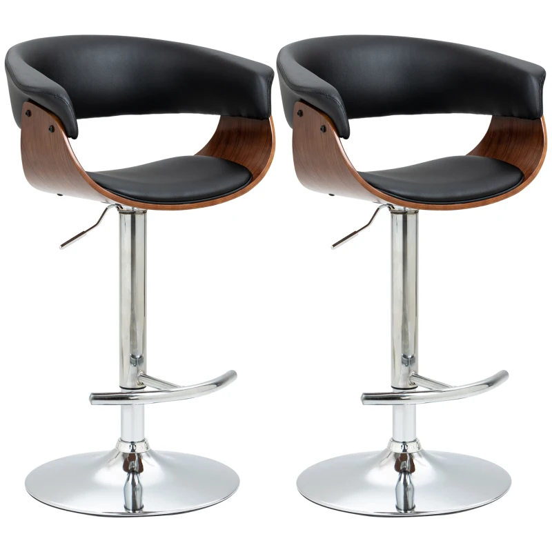 HOMCOM Counter Height Bar Stools Set of 2, Height Adjustable Swivel Barstools, PU Leather Bar Chairs with Arms and Footrest, Black