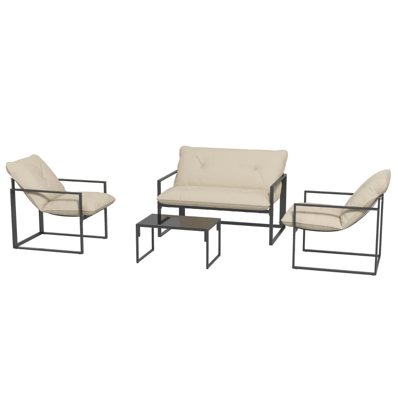 Outsunny 4 Piece Outdoor Furniture Set, Patio Conversation Set with Tempered Glass Table, Loveseat, 2 Chairs and Cushions, Beige