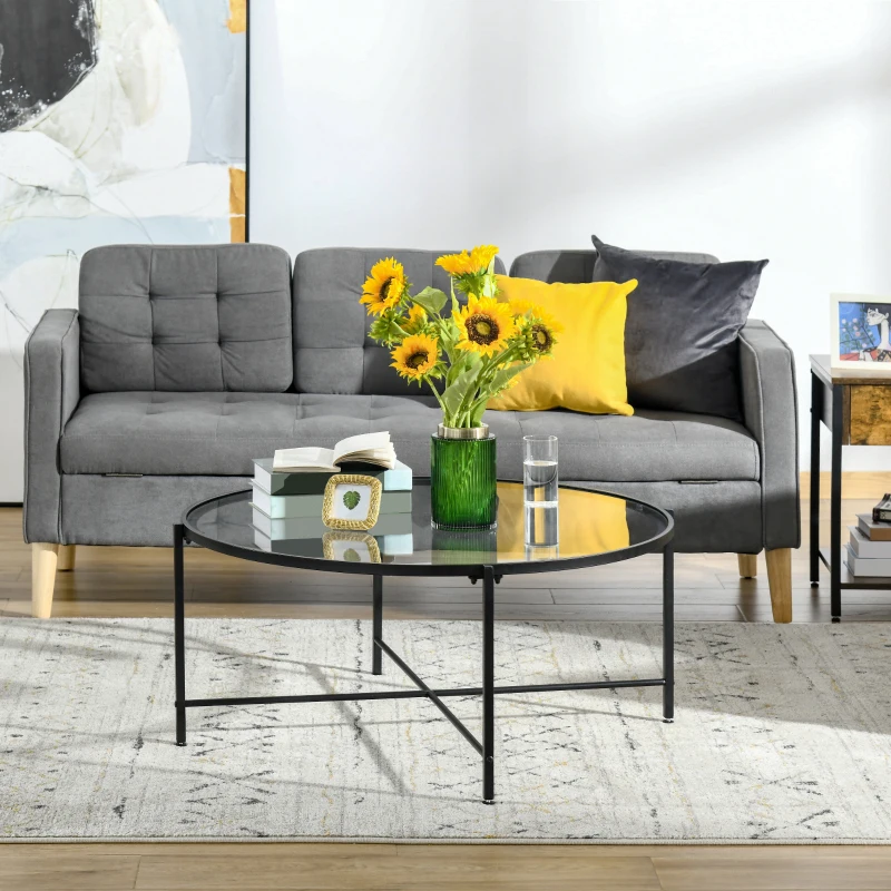 HOMCOM Modern Round Coffee Table with Tempered Glass Tabletop, Accent Side Table, Center Table for Living Room, Black