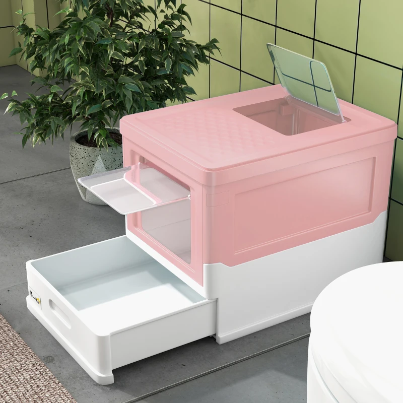 PawHut Top Entry Enclosed Kitty Litter Box with Scoop, Tray, Front Entry, Large Space, Foldable, Portable, Pink
