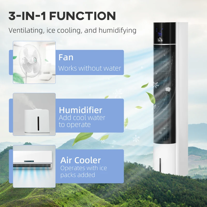 HOMCOM 3-In-1 Cooling Fan, Evaporative Air Cooler with 52° Oscillation, Ice Packs, Remote, 12H Timer, 3 Modes, 3 Speeds, White