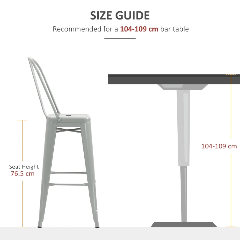 HOMCOM Set of 4 Bar Stools Kitchen Industrial Breakfast Bistro Cafe Metal Frame Silver Grey