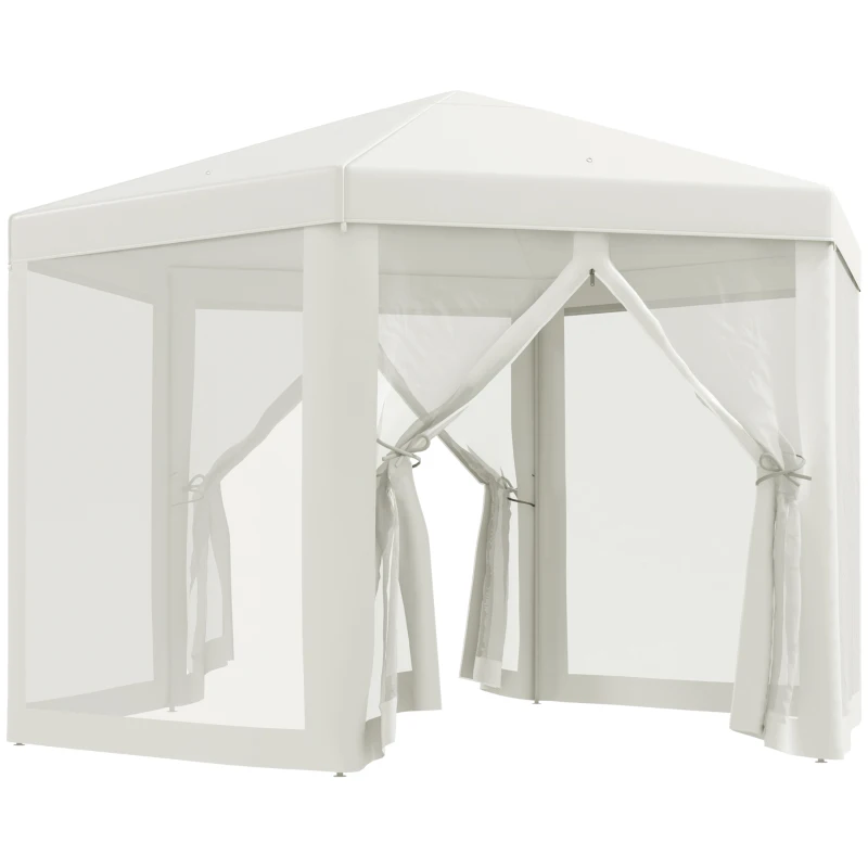 Outsunny Φ13' Hexagon Party Tent Patio Gazebo Outdoor Activity Event Canopy Quick Sun Shelter Pavilion with Netting Mesh Sidewall Cream White