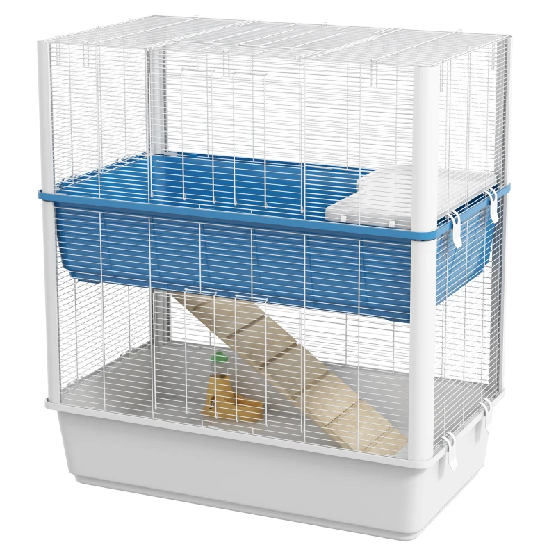 PawHut Large Hamster Cage with Accessories, Rat Cage Gerbil Habitat with Detachable Bottom, Ramps, Platform, Food Bowl, Water Bottle, 31" x 18" x 35"