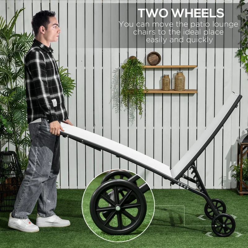 Outsunny 2PCs Lounge Chairs with Wheels, 5-Level Adjustable Backrest for Garden, Backyard, Patio, Deck, Poolside, White