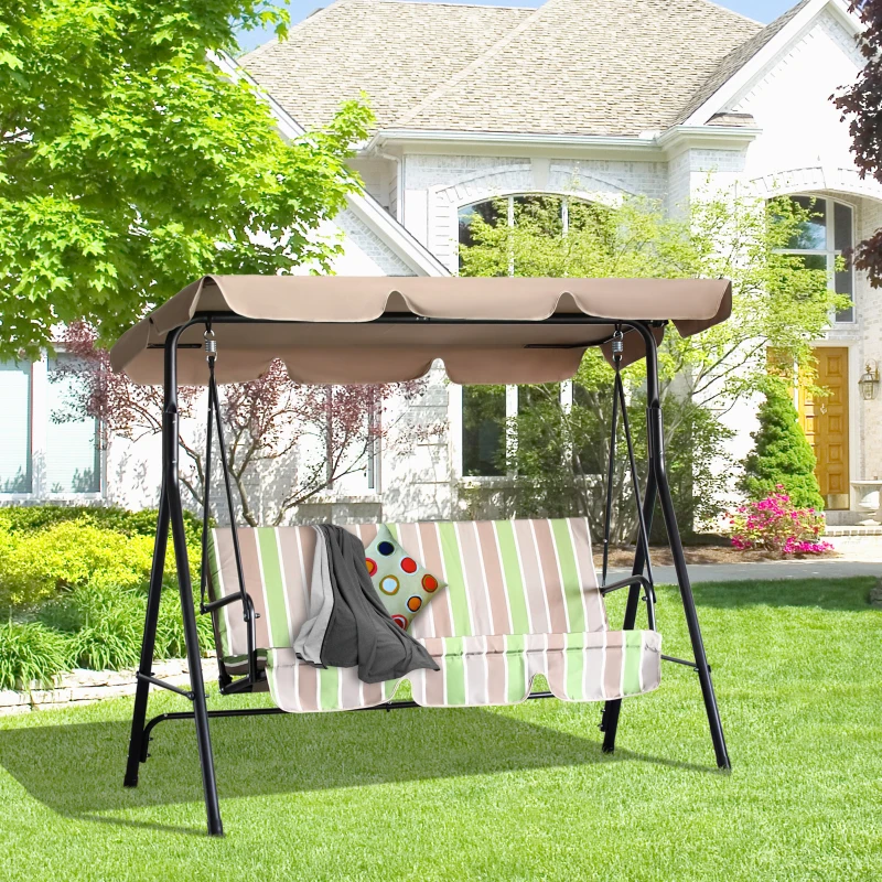 Outsunny 3-Seater Outdoor Porch Swing with Adjustable Canopy, Patio Swing Chair for Garden, Poolside, Backyard, Green Stripes
