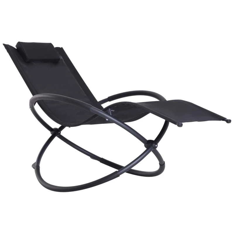 Outsunny Outdoor Rocking Lounge Chair, Foldable Zero Gravity Rocking Chair, Orbital Outdoor Patio Chaise Lounge Rocker with Mesh Seat and Pillow, Black