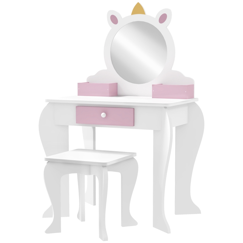 Qaba Kids Makeup Vanity Set with Stool, Mirror, Drawer, Storage Boxes, Unicorn Design, White