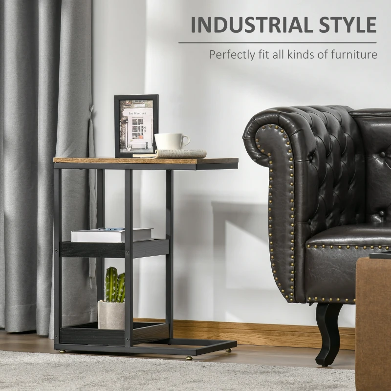 HOMCOM Side Table, C Shaped End Coffee Table, Industrial Nightstand with Storage Shelves, Metal Frame for Living Room, Bedroom, Rustic Brown