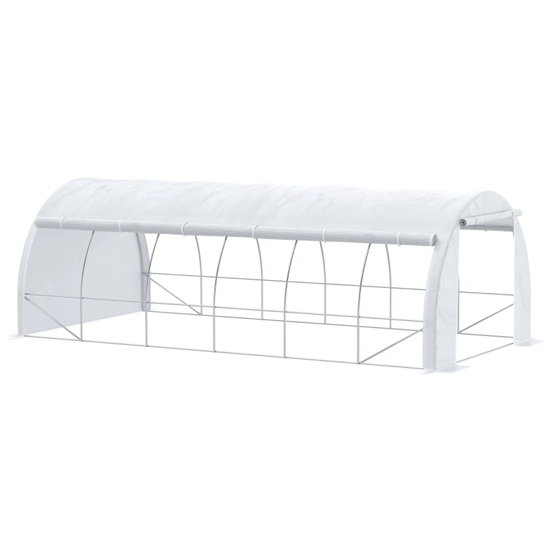 Outsunny Large Walk-in Greenhouse, 20'x10'x6.6' Tunnel Greenhouse with Zippered Door and 12 Roll-up Windows, Outdoor Green House for Garden Plant, White