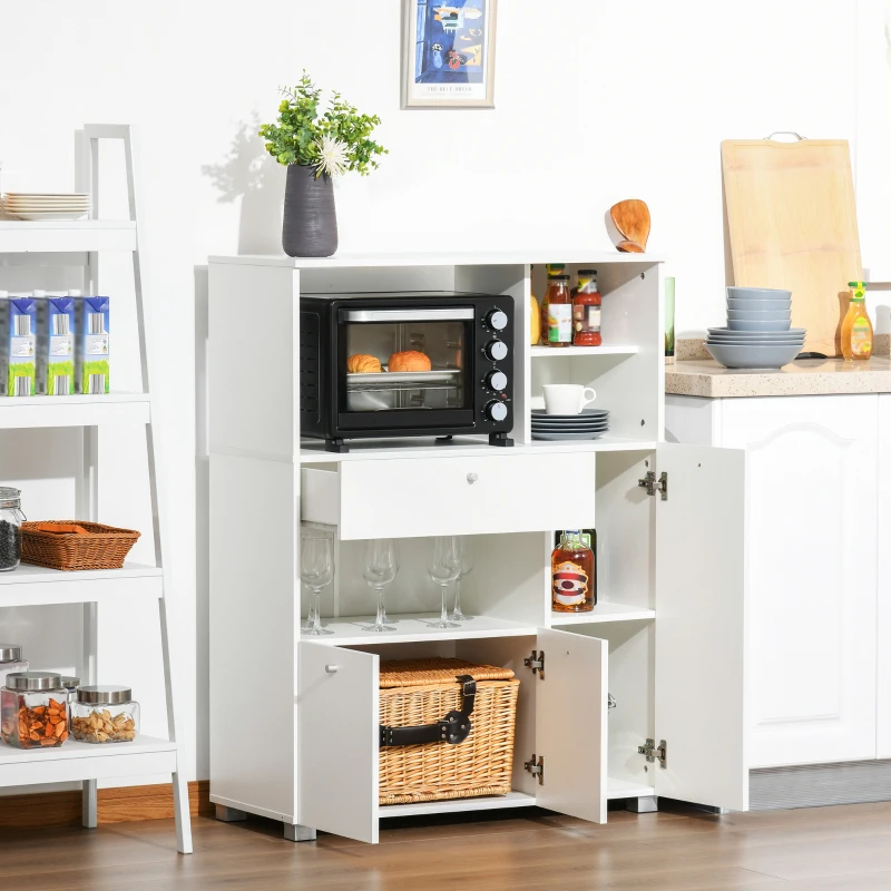 HOMCOM Compact Kitchen Pantry Cabinet Server Hutch Storage Buffet with Microwave Oven Stand Drawer and Shelves, White