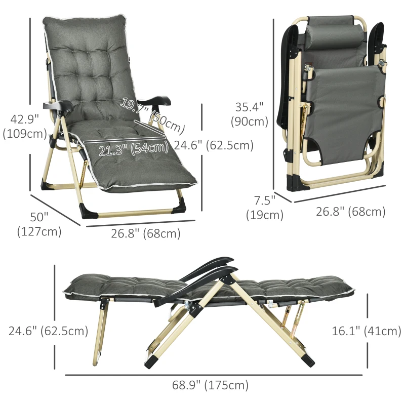 Outsunny Outdoor Folding Reclining Lounge Chair w/ Cushion, Adjustable Backrest and Footrest for Patio, Poolside, Beach, Grey