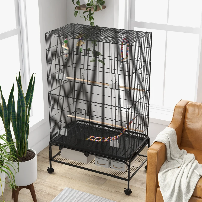 PawHut 63" Bird Cage w/ Open Top for Budgies, Cockatiels, Lovebirds Finches, Stand, Toys, Removable Tray, Storage Shelf